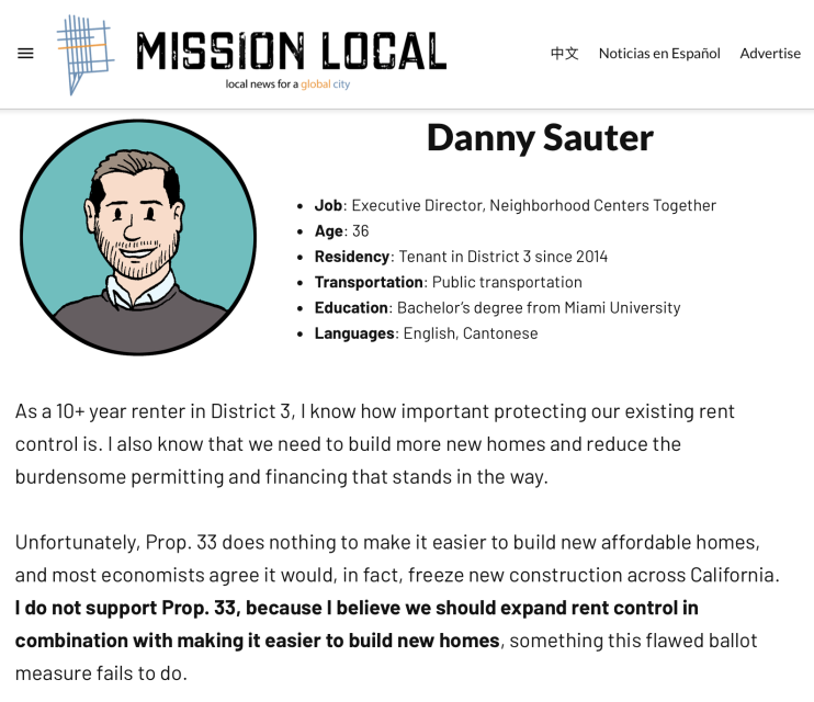 Illustration of Danny Sauter with job title and personal details. Statement about opposition to Proposition 33, citing concerns over rent control and new home construction.
